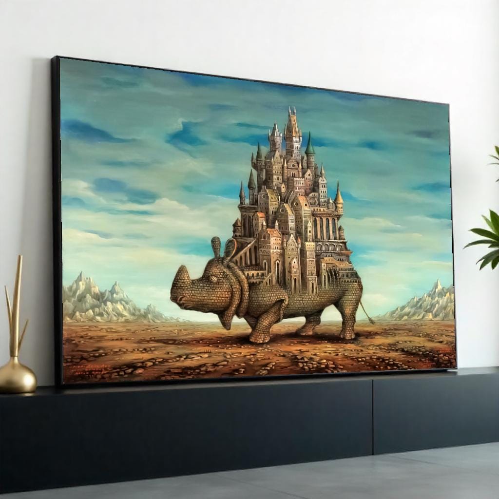 Castle Rhino Canvas, Surreal Animal Art, Architectural Fantasy Print, Wall Art Canvas Design, Ready To Hang Decoration