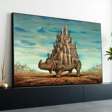 Castle Rhino Canvas, Surreal Animal Art, Architectural Fantasy Print, Wall Art Canvas Design, Ready To Hang Decoration