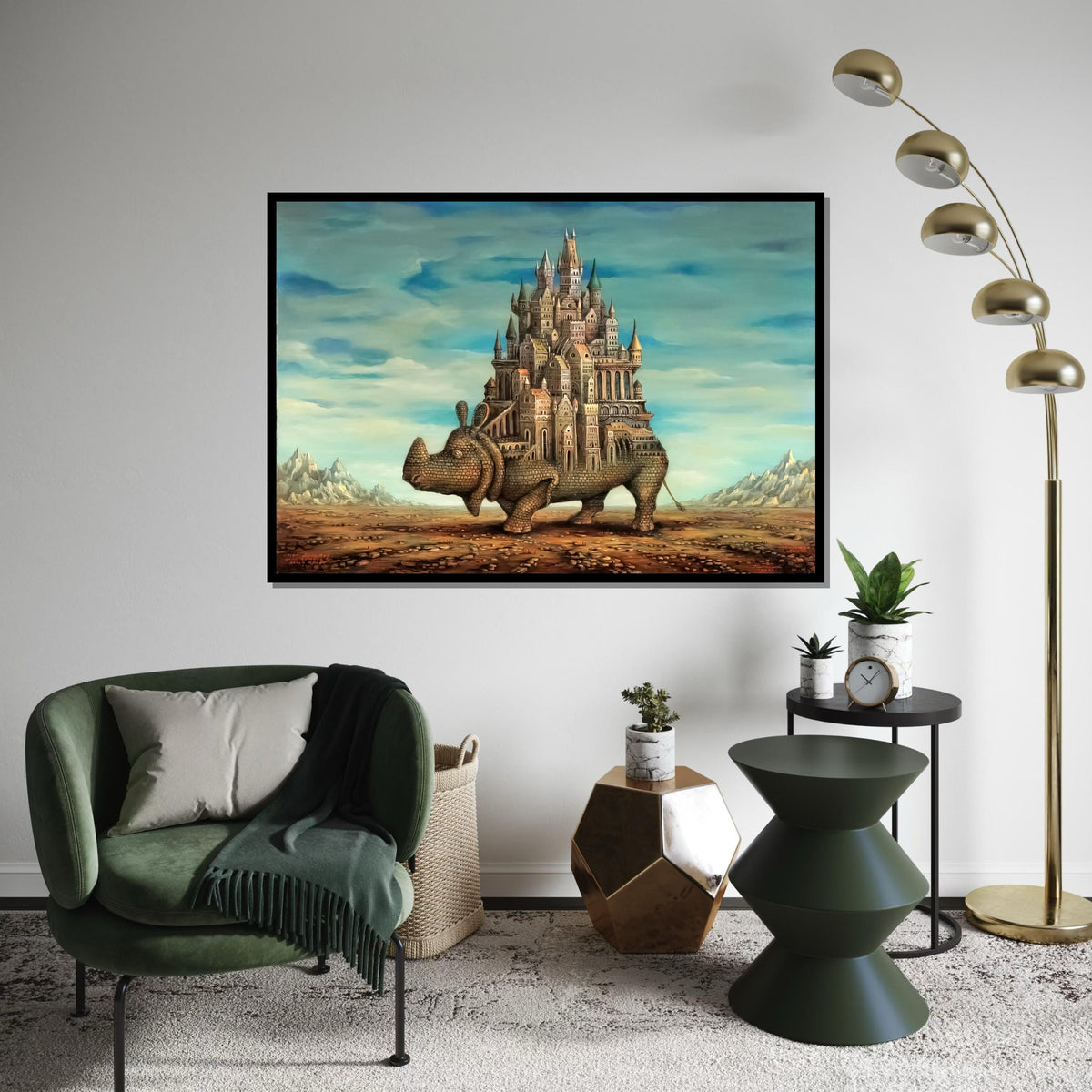 Castle Rhino Canvas, Surreal Animal Art, Architectural Fantasy Print, Wall Art Canvas Design, Ready To Hang Decoration
