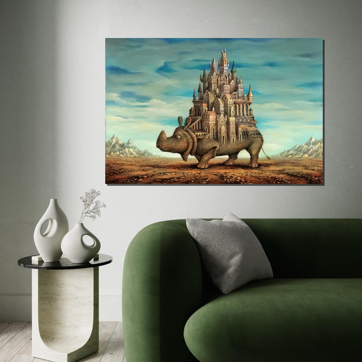 Castle Rhino Canvas, Surreal Animal Art, Architectural Fantasy Print, Wall Art Canvas Design, Ready To Hang Decoration