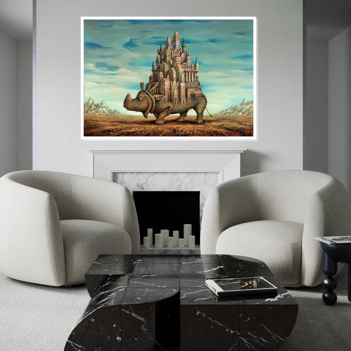 Castle Rhino Canvas, Surreal Animal Art, Architectural Fantasy Print, Wall Art Canvas Design, Ready To Hang Decoration