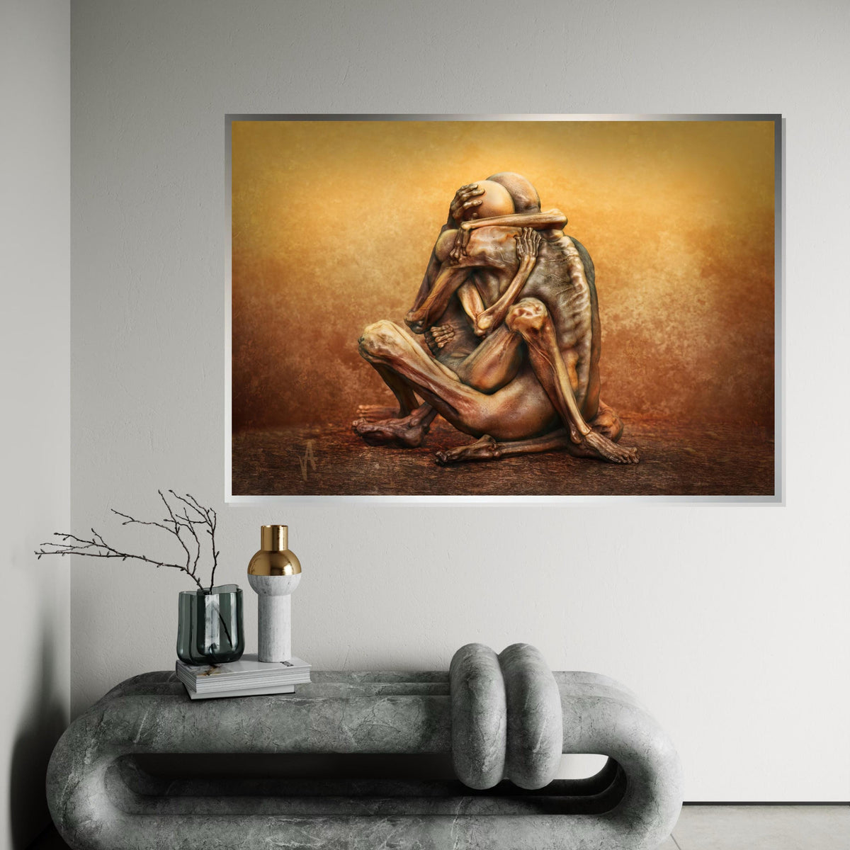 Abstract Embrace Canvas, Emotional Art Print, Surreal Figure Wall Art, Hugging Sculpture Canvas, Wall Art Canvas Design, Ready to Hang