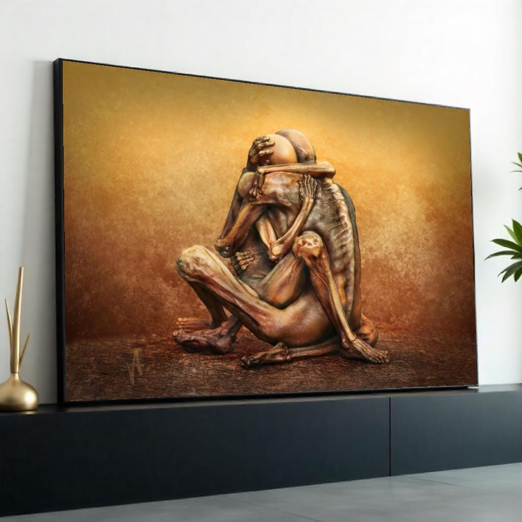 Abstract Embrace Canvas, Emotional Art Print, Surreal Figure Wall Art, Hugging Sculpture Canvas, Wall Art Canvas Design, Ready to Hang