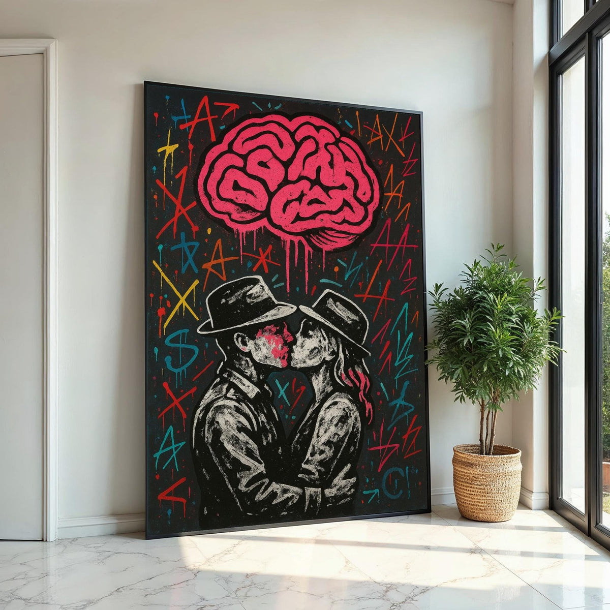 Graffiti Lovers Canvas, Kissing Couple Art, Street Style Wall Print, Abstract Brain Design, Wall Art Canvas, Ready to Hang Decoration