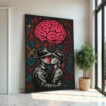 Graffiti Lovers Canvas, Kissing Couple Art, Street Style Wall Print, Abstract Brain Design, Wall Art Canvas, Ready to Hang Decoration