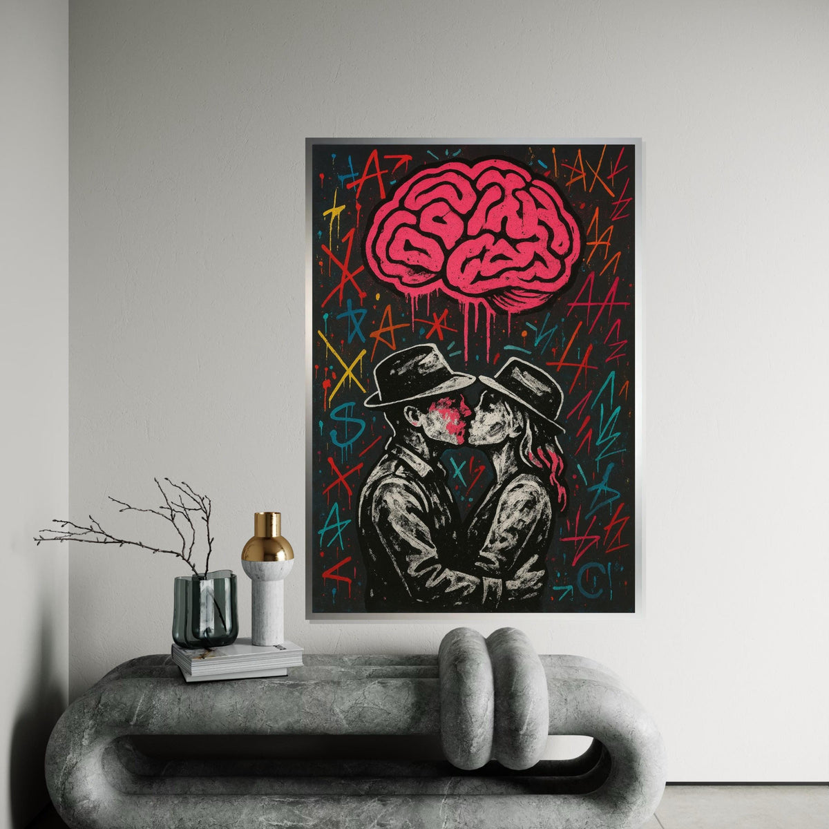 Graffiti Lovers Canvas, Kissing Couple Art, Street Style Wall Print, Abstract Brain Design, Wall Art Canvas, Ready to Hang Decoration