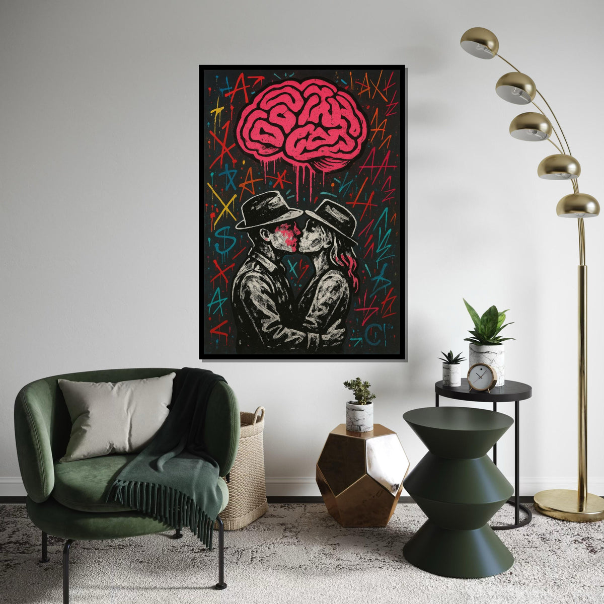 Graffiti Lovers Canvas, Kissing Couple Art, Street Style Wall Print, Abstract Brain Design, Wall Art Canvas, Ready to Hang Decoration