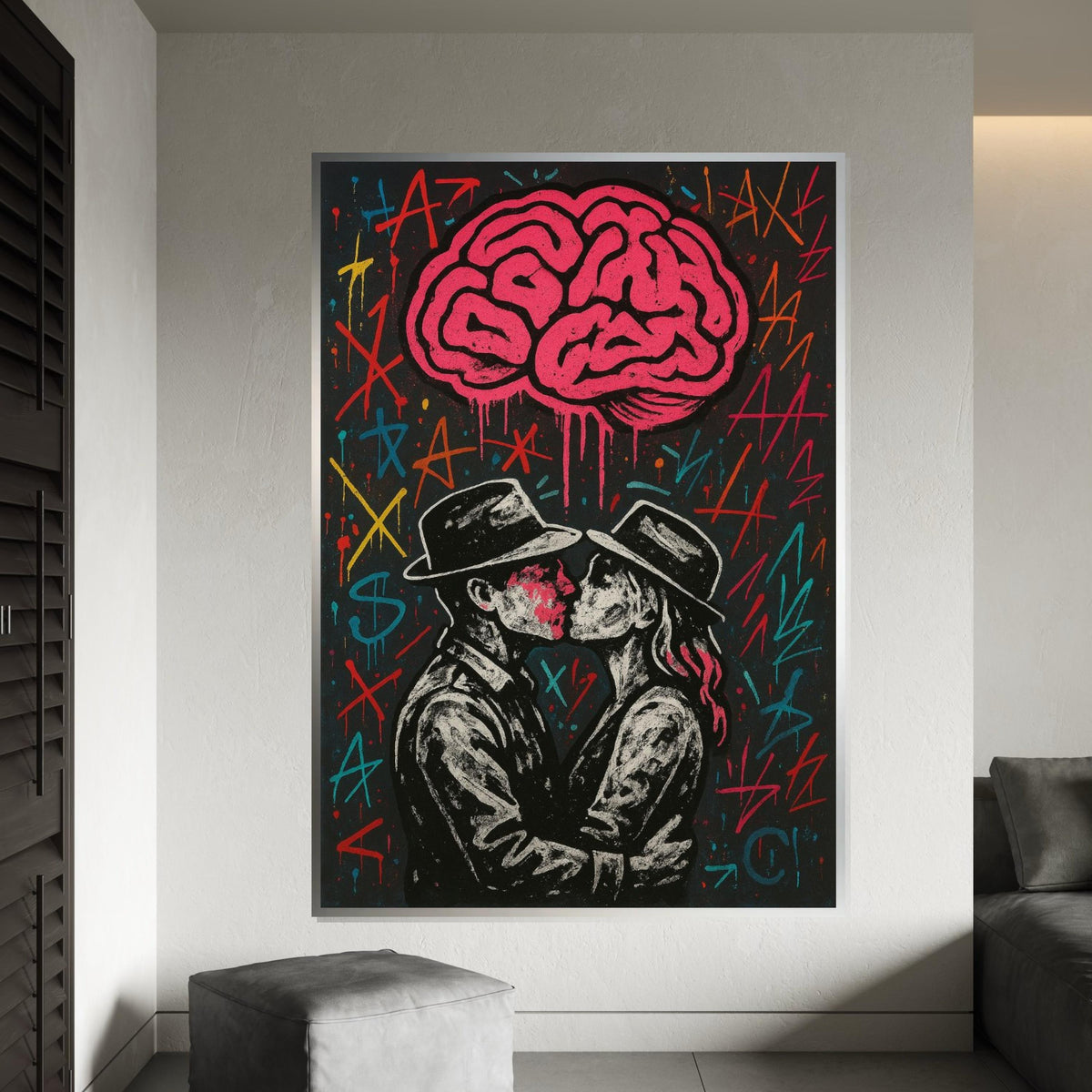 Graffiti Lovers Canvas, Kissing Couple Art, Street Style Wall Print, Abstract Brain Design, Wall Art Canvas, Ready to Hang Decoration