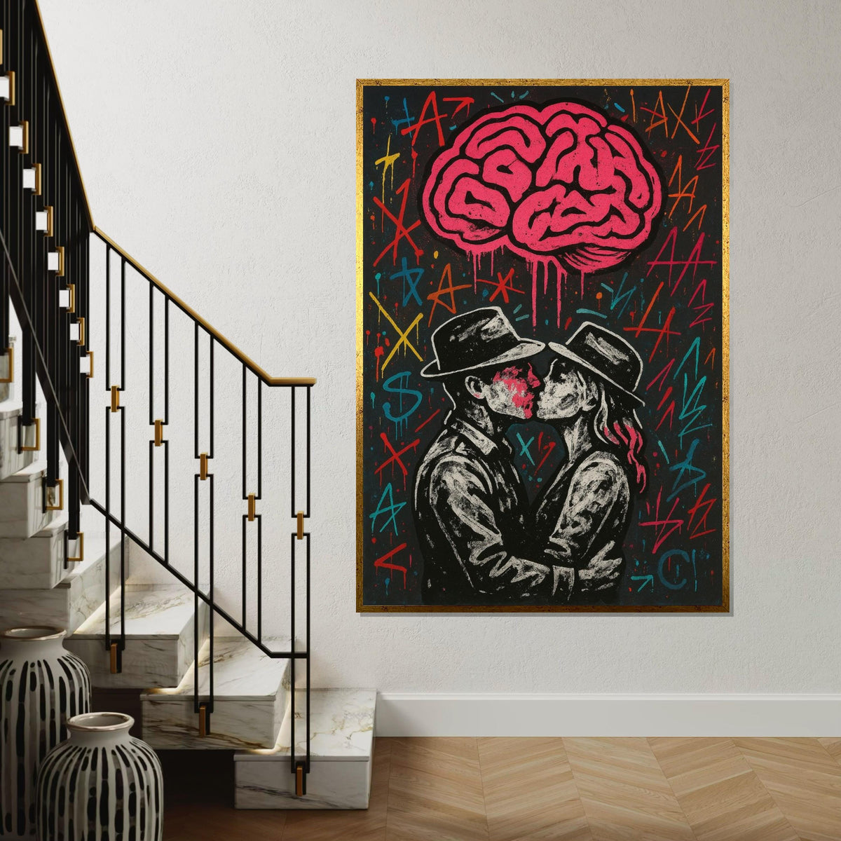 Graffiti Lovers Canvas, Kissing Couple Art, Street Style Wall Print, Abstract Brain Design, Wall Art Canvas, Ready to Hang Decoration
