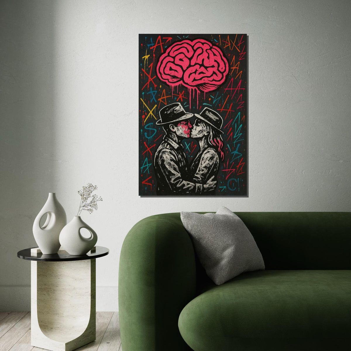 Graffiti Lovers Canvas, Kissing Couple Art, Street Style Wall Print, Abstract Brain Design, Wall Art Canvas, Ready to Hang Decoration