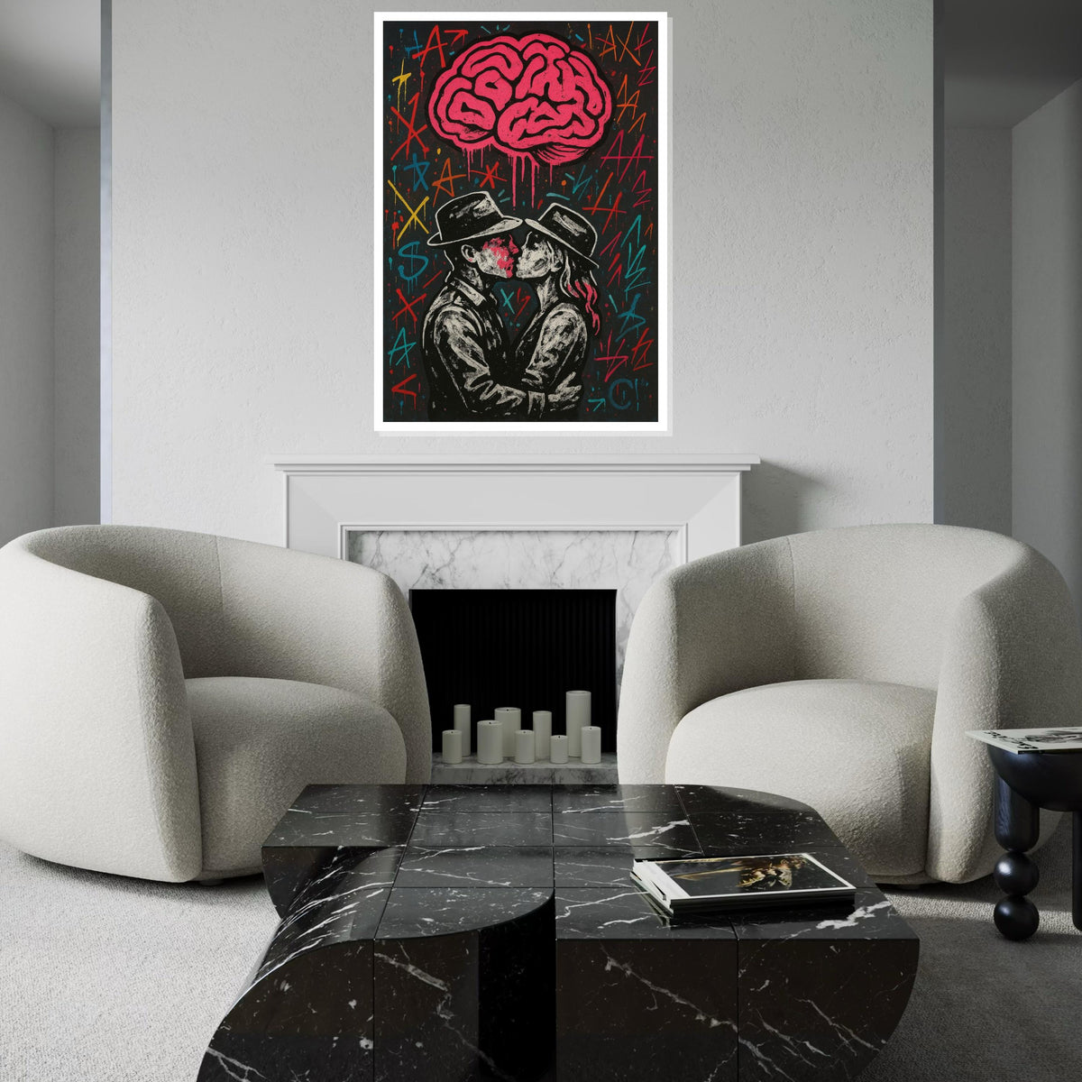 Graffiti Lovers Canvas, Kissing Couple Art, Street Style Wall Print, Abstract Brain Design, Wall Art Canvas, Ready to Hang Decoration