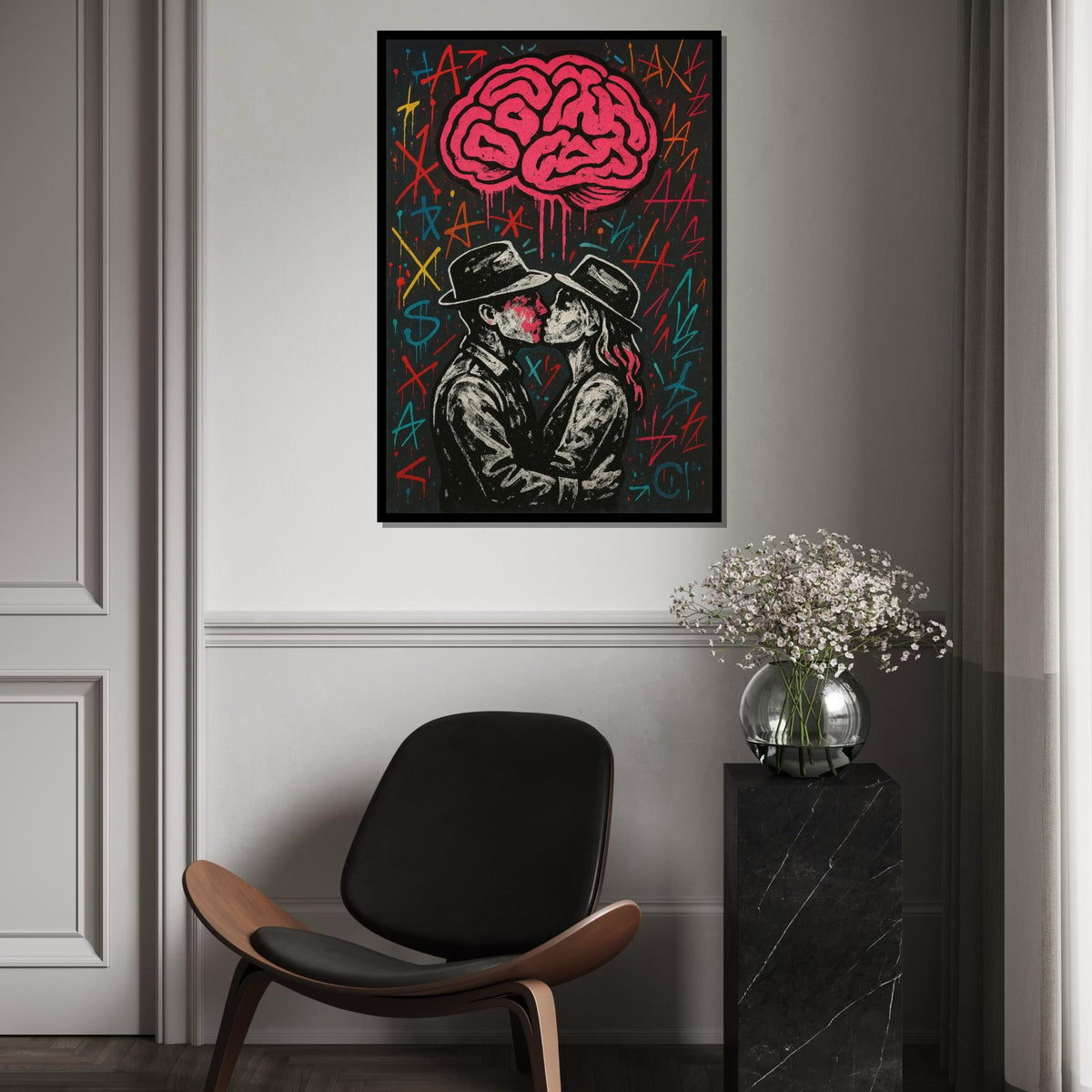 Graffiti Lovers Canvas, Kissing Couple Art, Street Style Wall Print, Abstract Brain Design, Wall Art Canvas, Ready to Hang Decoration