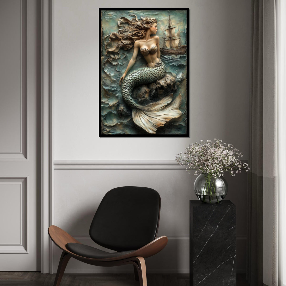 Mermaid in Waves Canvas, Nautical Wall Art, Ocean Fantasy Print, Elegant Mermaid Wall Decor, Wall Art Canvas Design, Ready to Hang