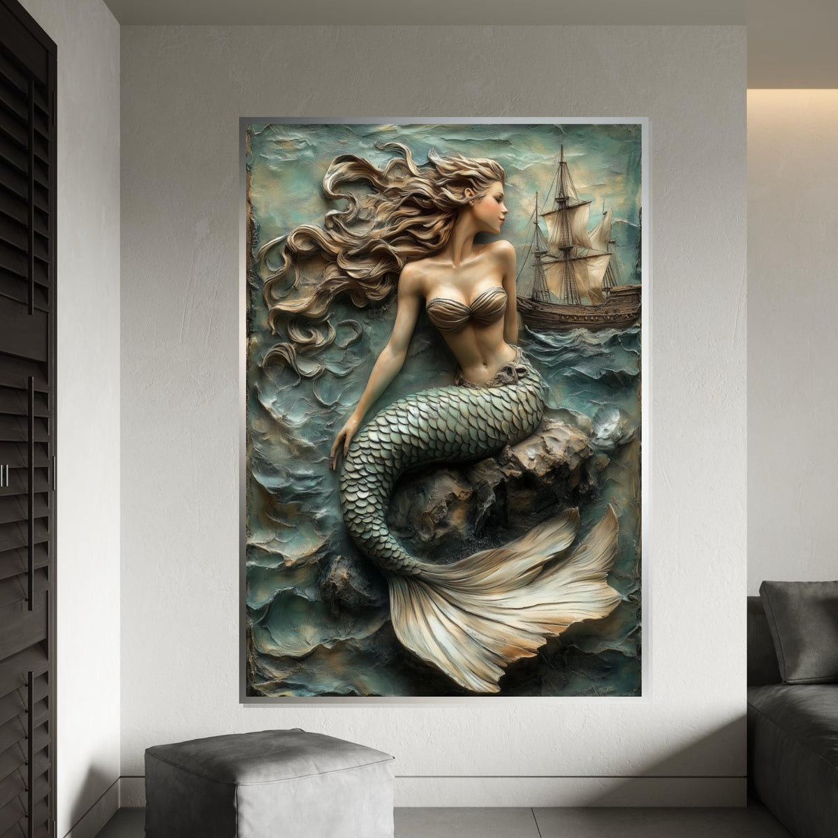 Mermaid in Waves Canvas, Nautical Wall Art, Ocean Fantasy Print, Elegant Mermaid Wall Decor, Wall Art Canvas Design, Ready to Hang