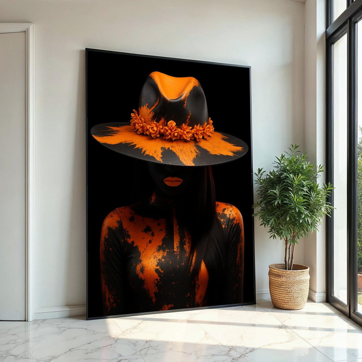 Orange Elegance Canvas, Mysterious Woman in Hat Art, Abstract Portrait, Wall Art Canvas Design, Ready To Hang Decoration