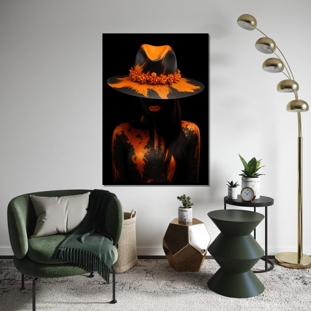 Orange Elegance Canvas, Mysterious Woman in Hat Art, Abstract Portrait, Wall Art Canvas Design, Ready To Hang Decoration