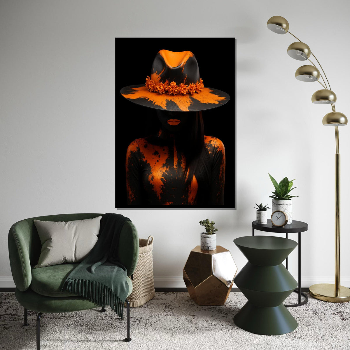 Orange Elegance Canvas, Mysterious Woman in Hat Art, Abstract Portrait, Wall Art Canvas Design, Ready To Hang Decoration