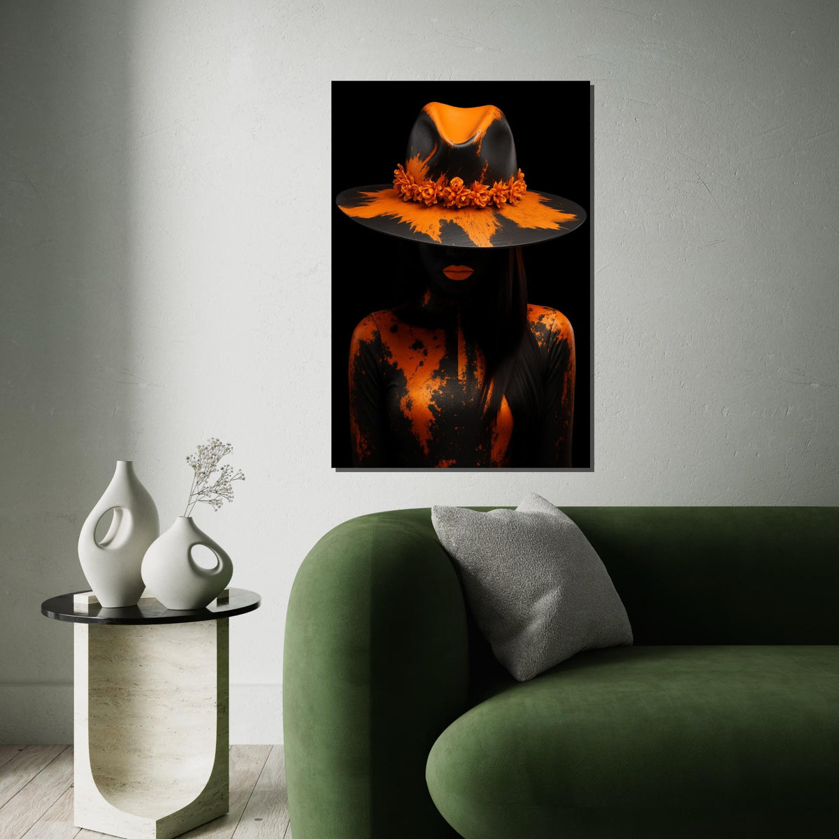 Orange Elegance Canvas, Mysterious Woman in Hat Art, Abstract Portrait, Wall Art Canvas Design, Ready To Hang Decoration