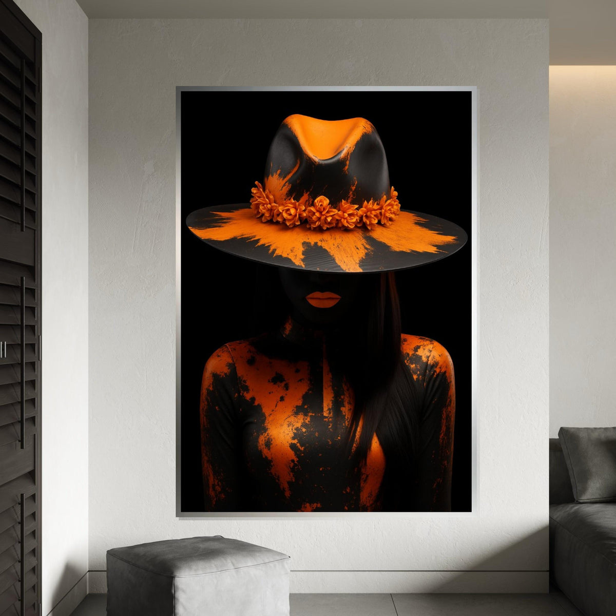 Orange Elegance Canvas, Mysterious Woman in Hat Art, Abstract Portrait, Wall Art Canvas Design, Ready To Hang Decoration