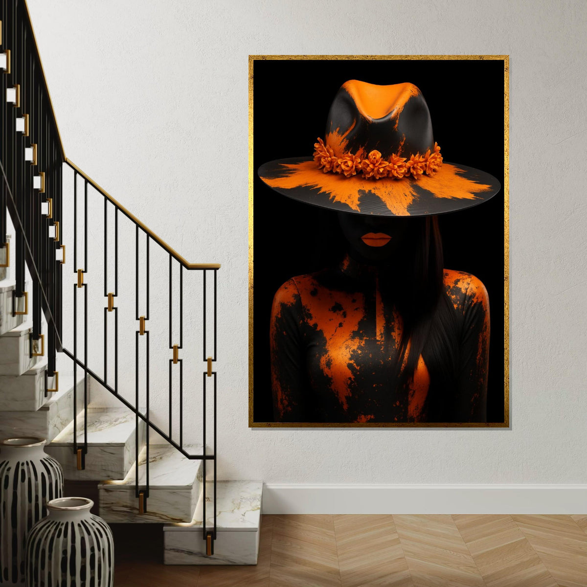 Orange Elegance Canvas, Mysterious Woman in Hat Art, Abstract Portrait, Wall Art Canvas Design, Ready To Hang Decoration