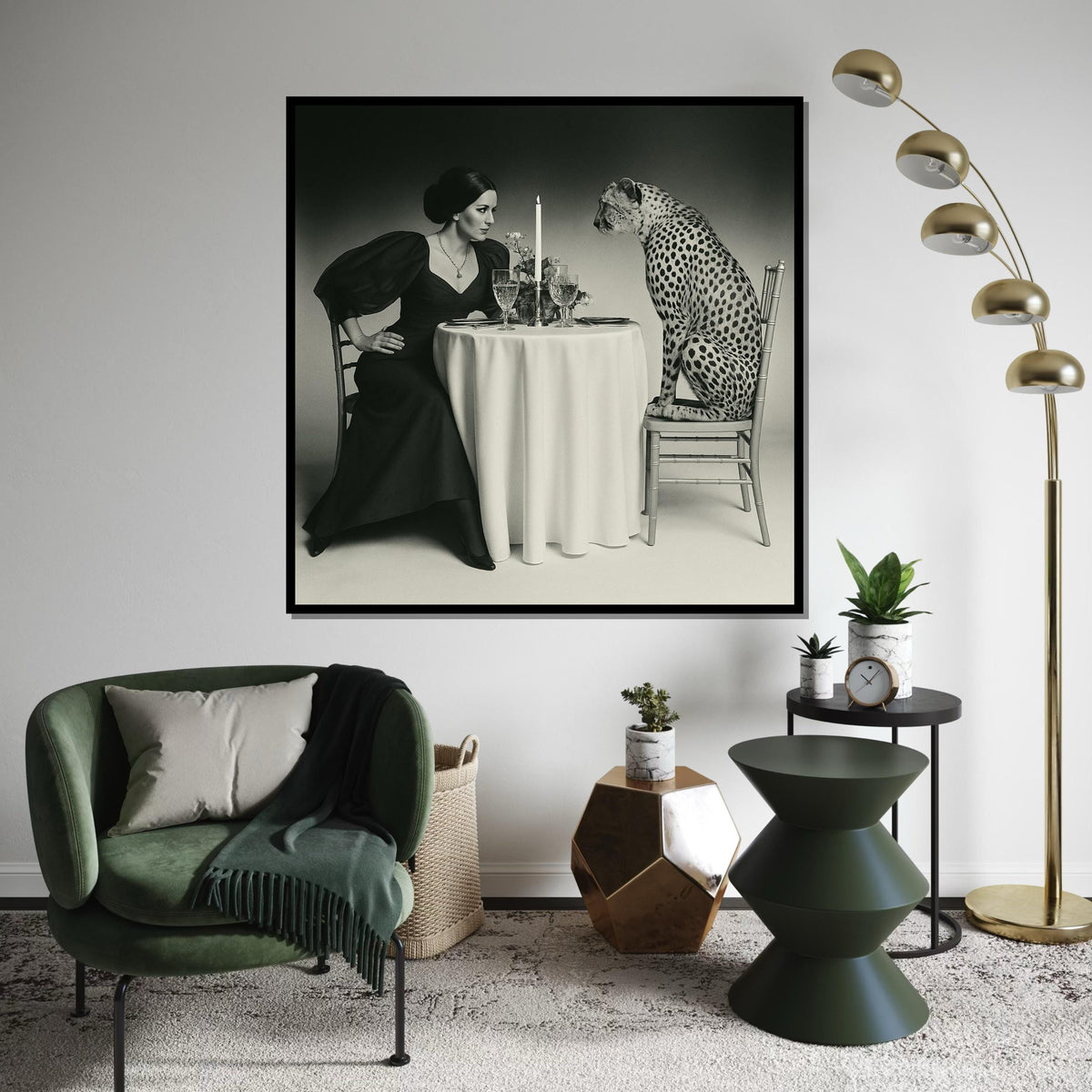 Lady  Cheetah Dining Canvas, Elegant Dinner Wall Art, Animal Wall Art Canvas, Vintage Style Print, Ready to Hang Decor