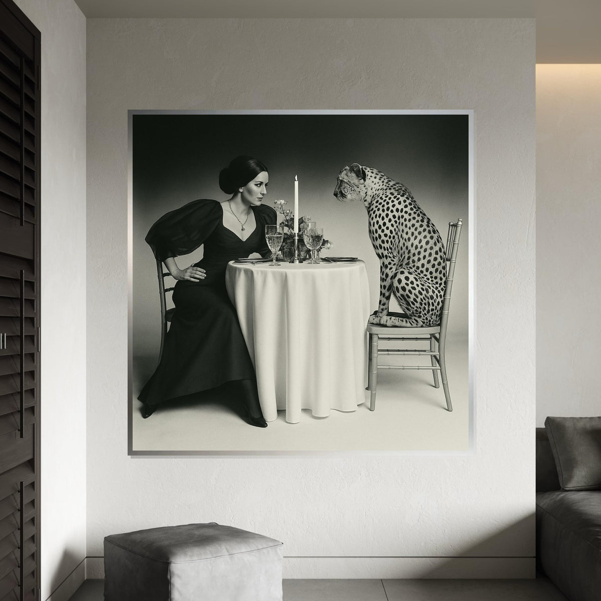 Lady  Cheetah Dining Canvas, Elegant Dinner Wall Art, Animal Wall Art Canvas, Vintage Style Print, Ready to Hang Decor