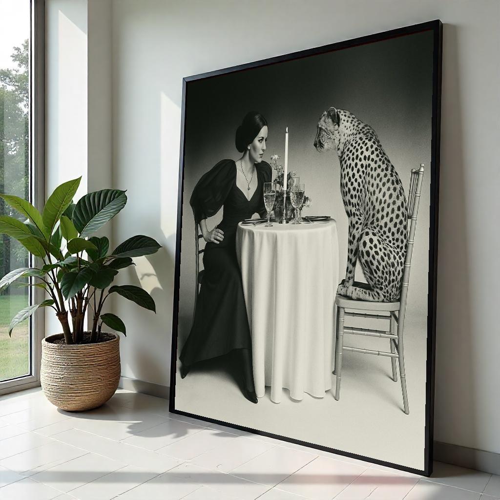 Lady  Cheetah Dining Canvas, Elegant Dinner Wall Art, Animal Wall Art Canvas, Vintage Style Print, Ready to Hang Decor