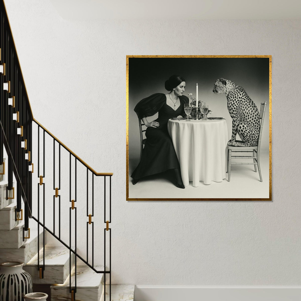 Lady  Cheetah Dining Canvas, Elegant Dinner Wall Art, Animal Wall Art Canvas, Vintage Style Print, Ready to Hang Decor