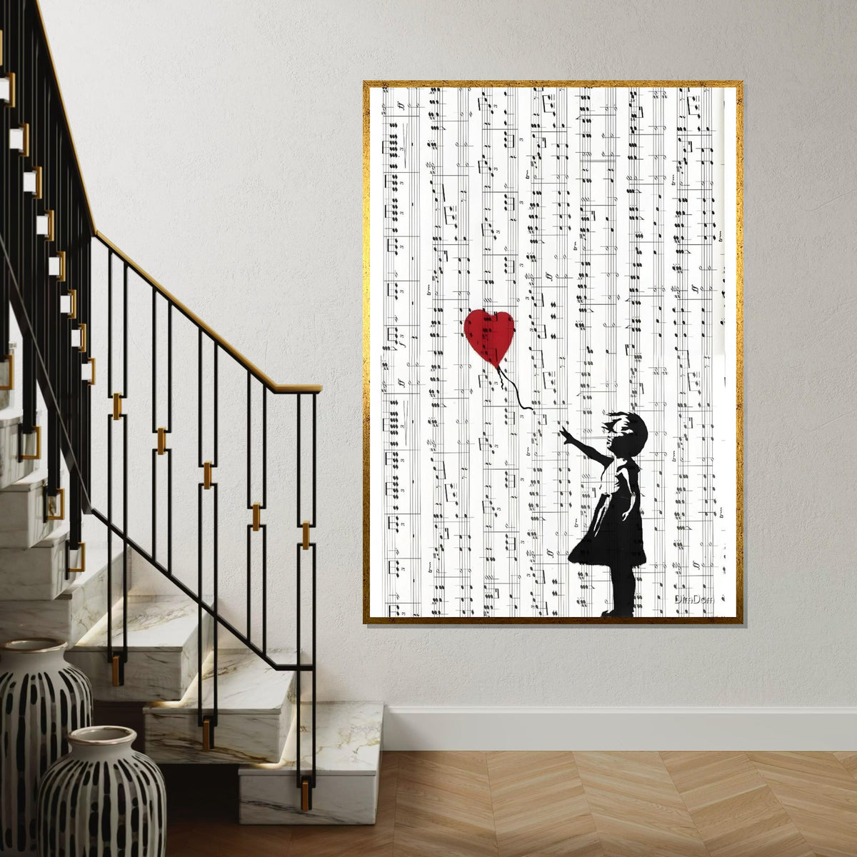 Girl with Balloon on Sheet Music, Banksy Style Art, Musical Canvas, Wall Art Canvas Design, Ready To Hang, Unique Music Lover Decor