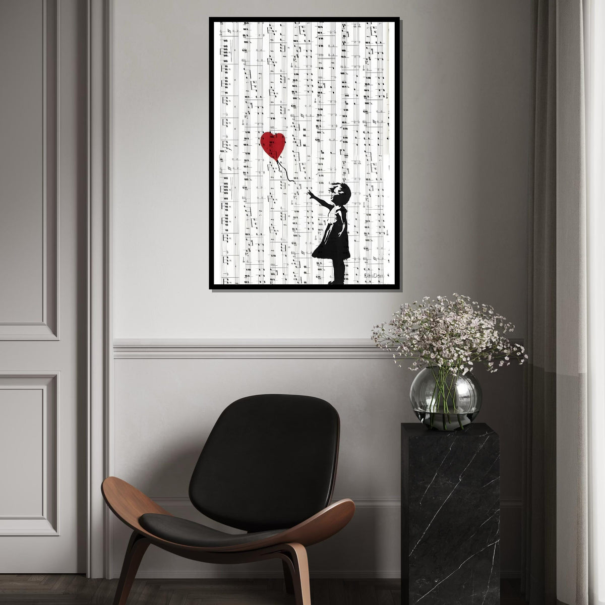 Girl with Balloon on Sheet Music, Banksy Style Art, Musical Canvas, Wall Art Canvas Design, Ready To Hang, Unique Music Lover Decor