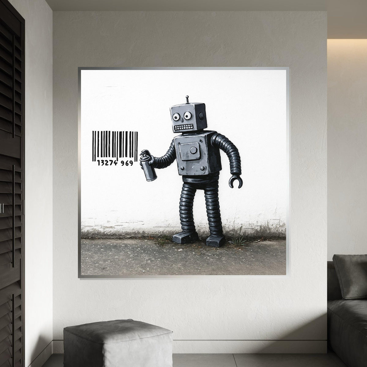 Robot Graffiti Canvas, Barcode Art, Robot Wall Art, Industrial Style Canvas, Wall Art Canvas Design, Ready To Hang Decoration