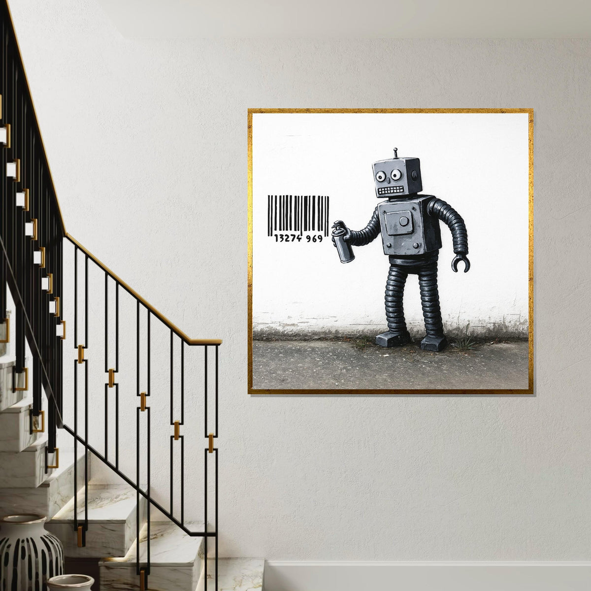 Robot Graffiti Canvas, Barcode Art, Robot Wall Art, Industrial Style Canvas, Wall Art Canvas Design, Ready To Hang Decoration