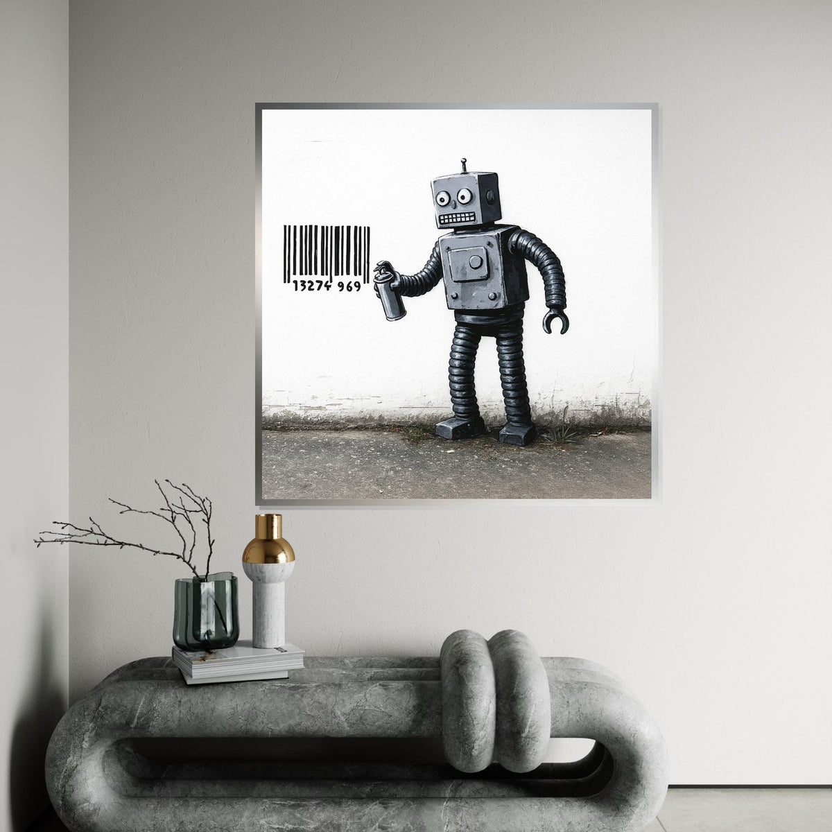 Robot Graffiti Canvas, Barcode Art, Robot Wall Art, Industrial Style Canvas, Wall Art Canvas Design, Ready To Hang Decoration