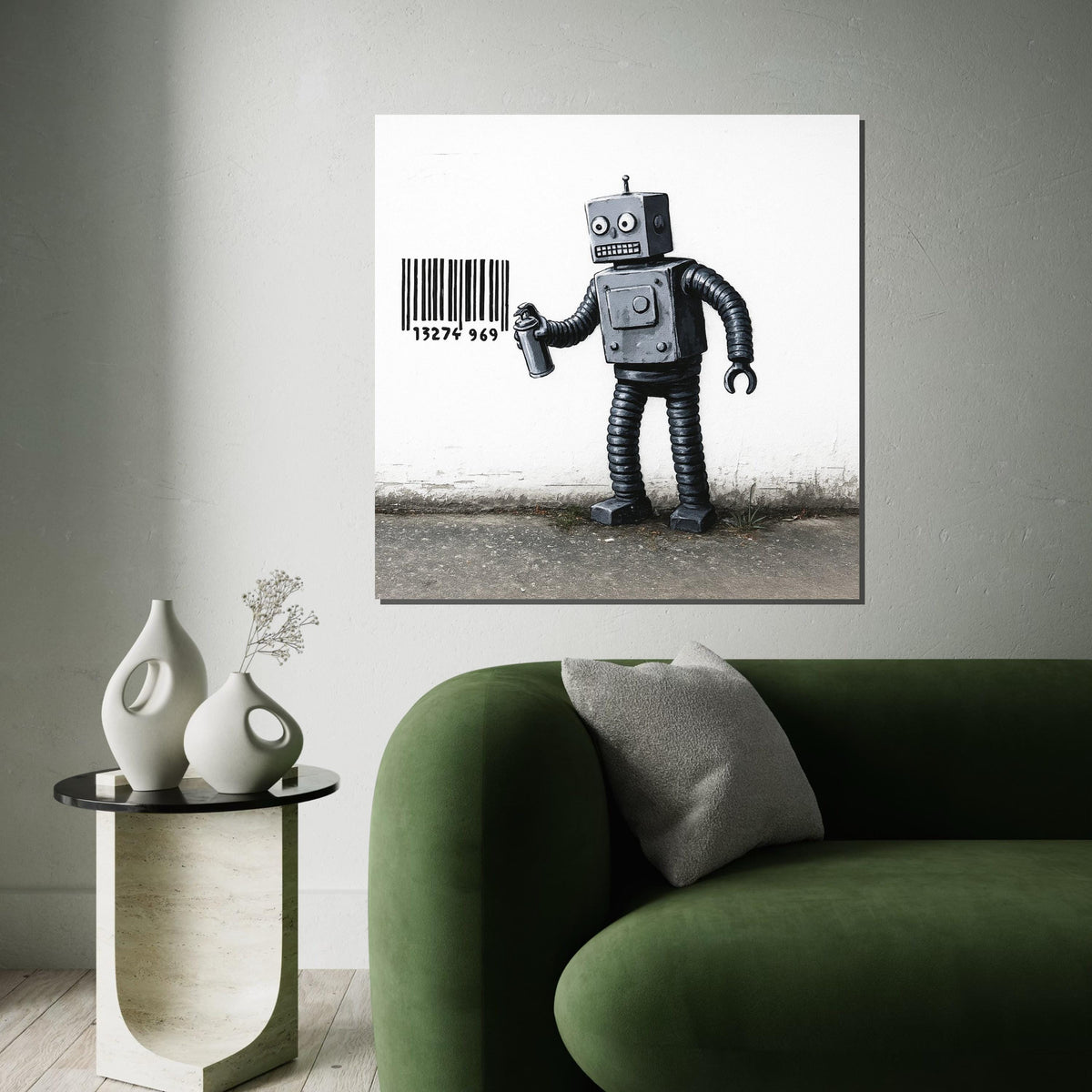 Robot Graffiti Canvas, Barcode Art, Robot Wall Art, Industrial Style Canvas, Wall Art Canvas Design, Ready To Hang Decoration