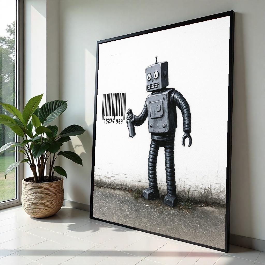Robot Graffiti Canvas, Barcode Art, Robot Wall Art, Industrial Style Canvas, Wall Art Canvas Design, Ready To Hang Decoration