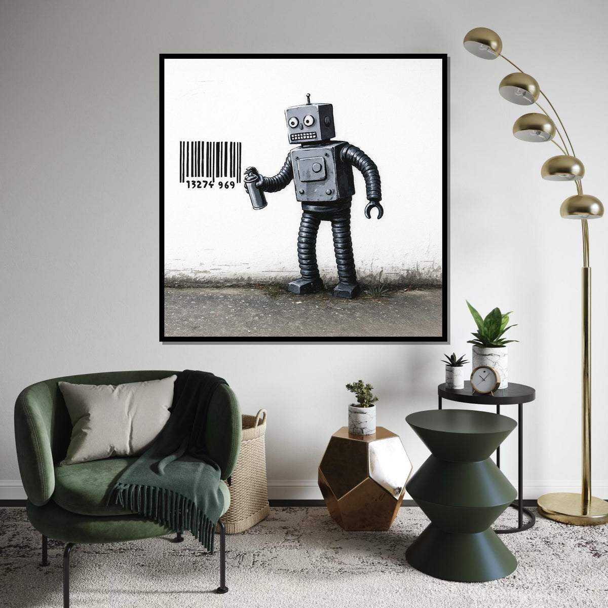 Robot Graffiti Canvas, Barcode Art, Robot Wall Art, Industrial Style Canvas, Wall Art Canvas Design, Ready To Hang Decoration