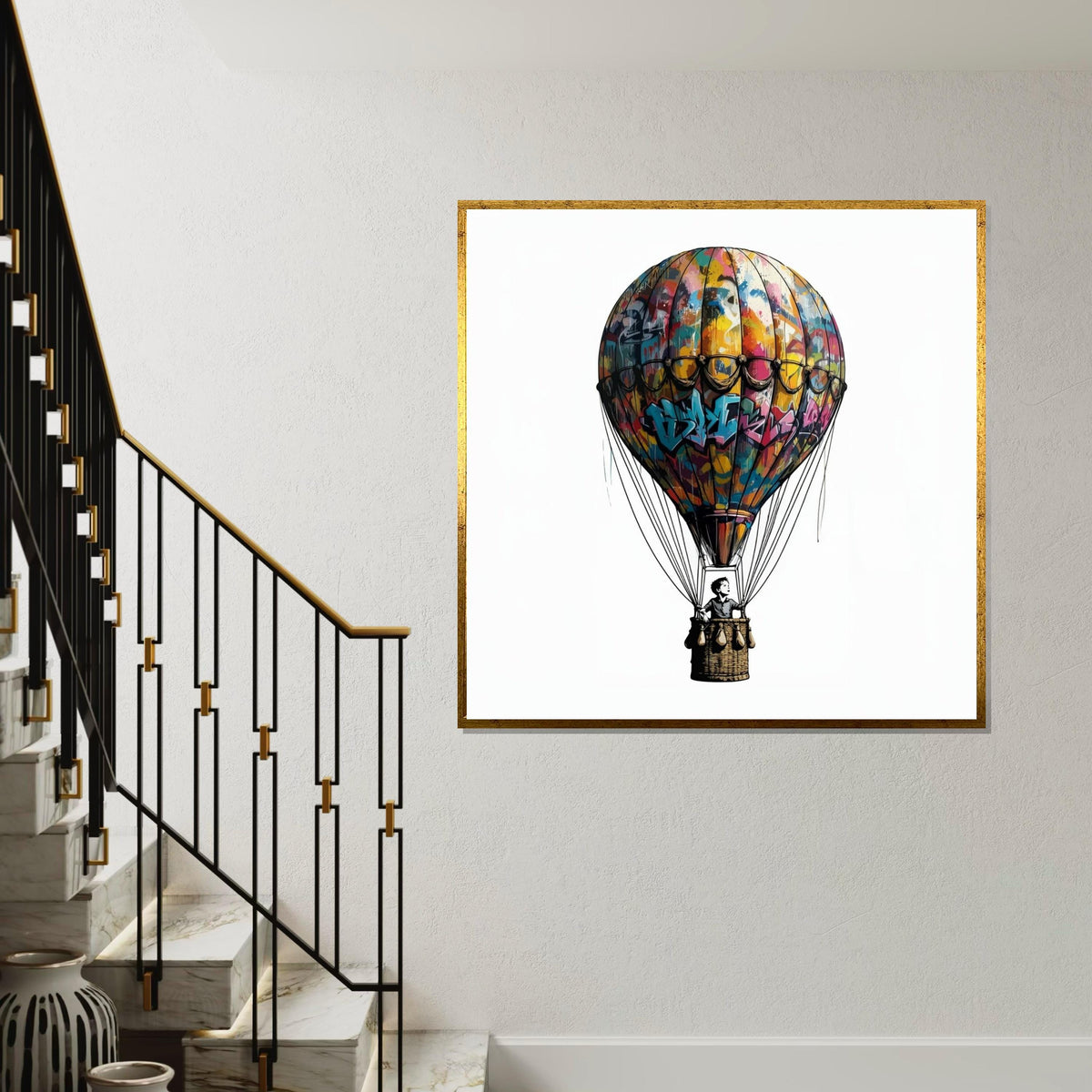 Graffiti Balloon Canvas, Hot Air Balloon Wall Art, Colorful Graffiti Print, Balloon Poster, Wall Art Canvas Design, Ready to Hang Decor