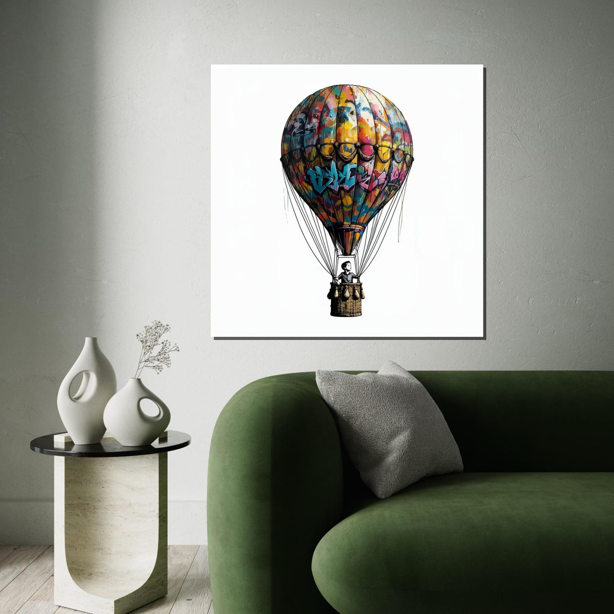 Graffiti Balloon Canvas, Hot Air Balloon Wall Art, Colorful Graffiti Print, Balloon Poster, Wall Art Canvas Design, Ready to Hang Decor