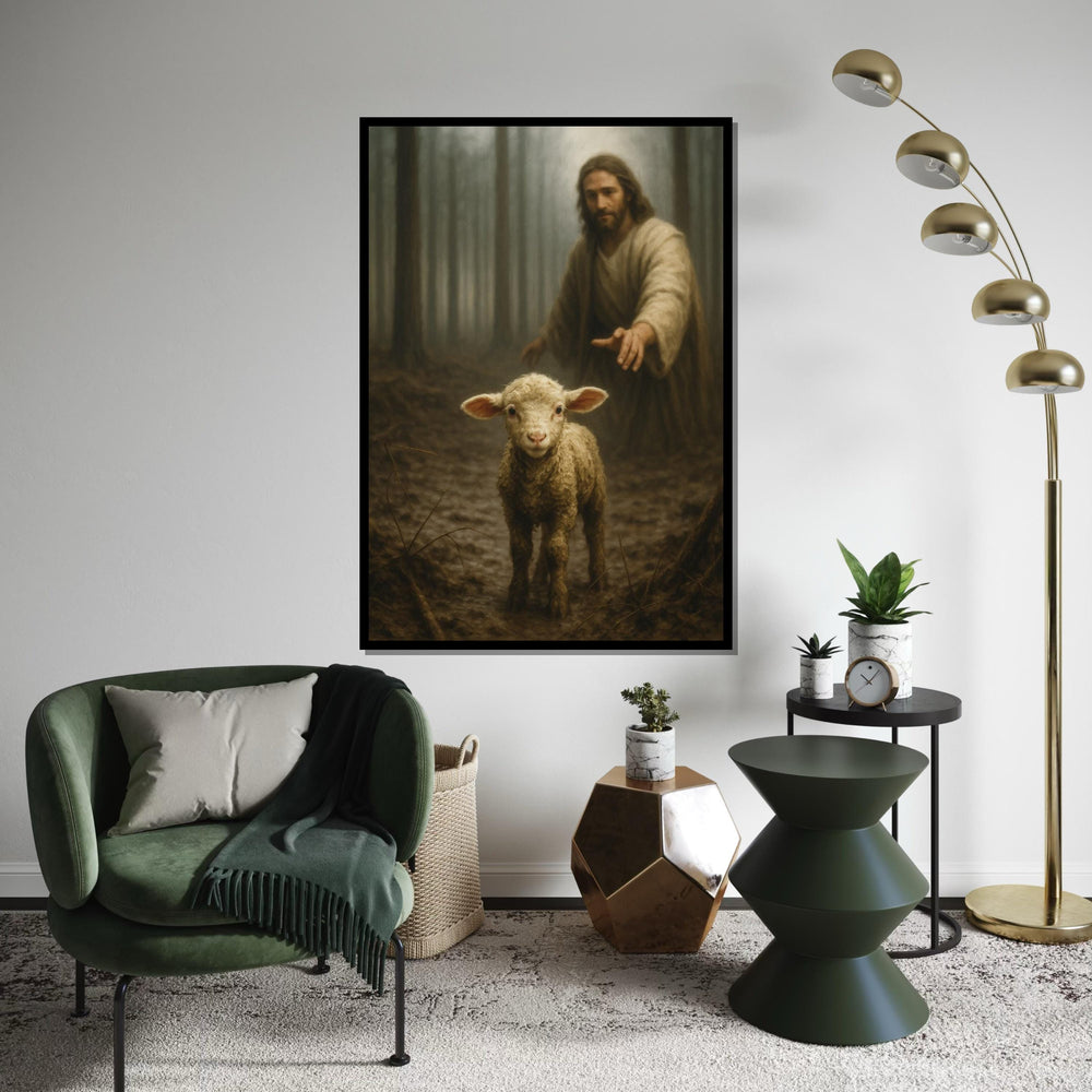 Shepherd and Lamb Canvas, Serene Woodland Art, Spiritual Wall Art, Sheep in Forest, Wall Art Canvas Design, Ready to Hang Decoration