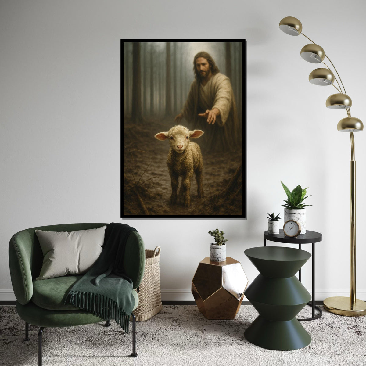 Shepherd and Lamb Canvas, Serene Woodland Art, Spiritual Wall Art, Sheep in Forest, Wall Art Canvas Design, Ready to Hang Decoration