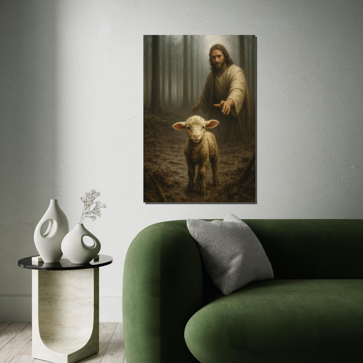 Shepherd and Lamb Canvas, Serene Woodland Art, Spiritual Wall Art, Sheep in Forest, Wall Art Canvas Design, Ready to Hang Decoration