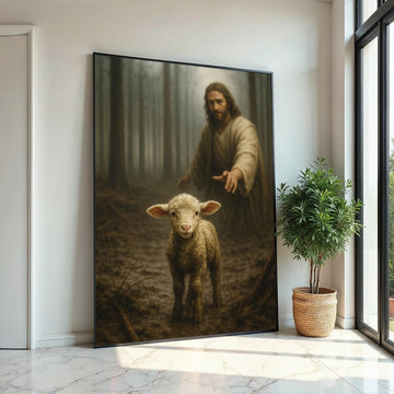 Shepherd and Lamb Canvas, Serene Woodland Art, Spiritual Wall Art, Sheep in Forest, Wall Art Canvas Design, Ready to Hang Decoration