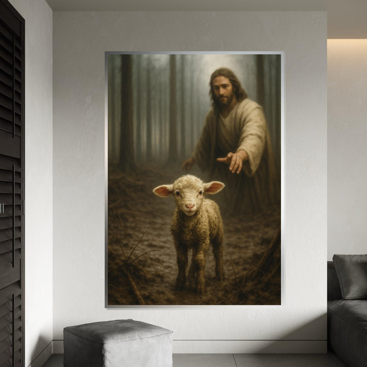 Shepherd and Lamb Canvas, Serene Woodland Art, Spiritual Wall Art, Sheep in Forest, Wall Art Canvas Design, Ready to Hang Decoration