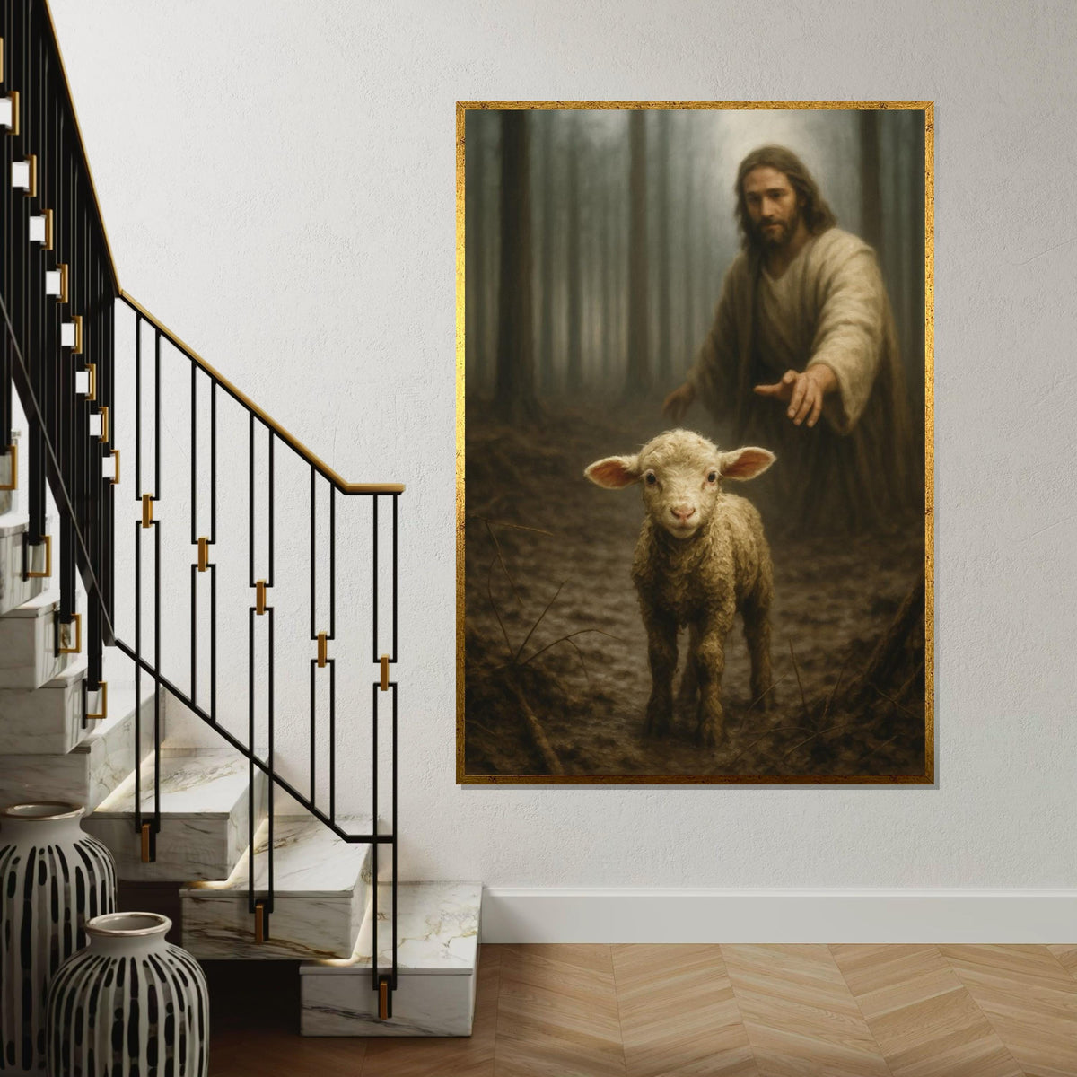 Shepherd and Lamb Canvas, Serene Woodland Art, Spiritual Wall Art, Sheep in Forest, Wall Art Canvas Design, Ready to Hang Decoration