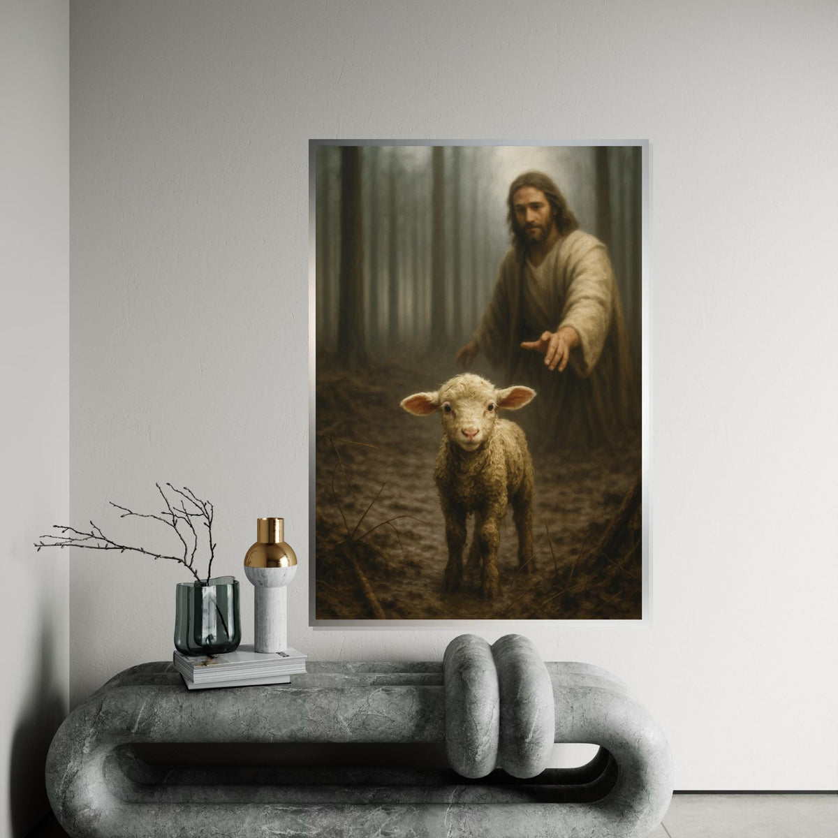 Shepherd and Lamb Canvas, Serene Woodland Art, Spiritual Wall Art, Sheep in Forest, Wall Art Canvas Design, Ready to Hang Decoration