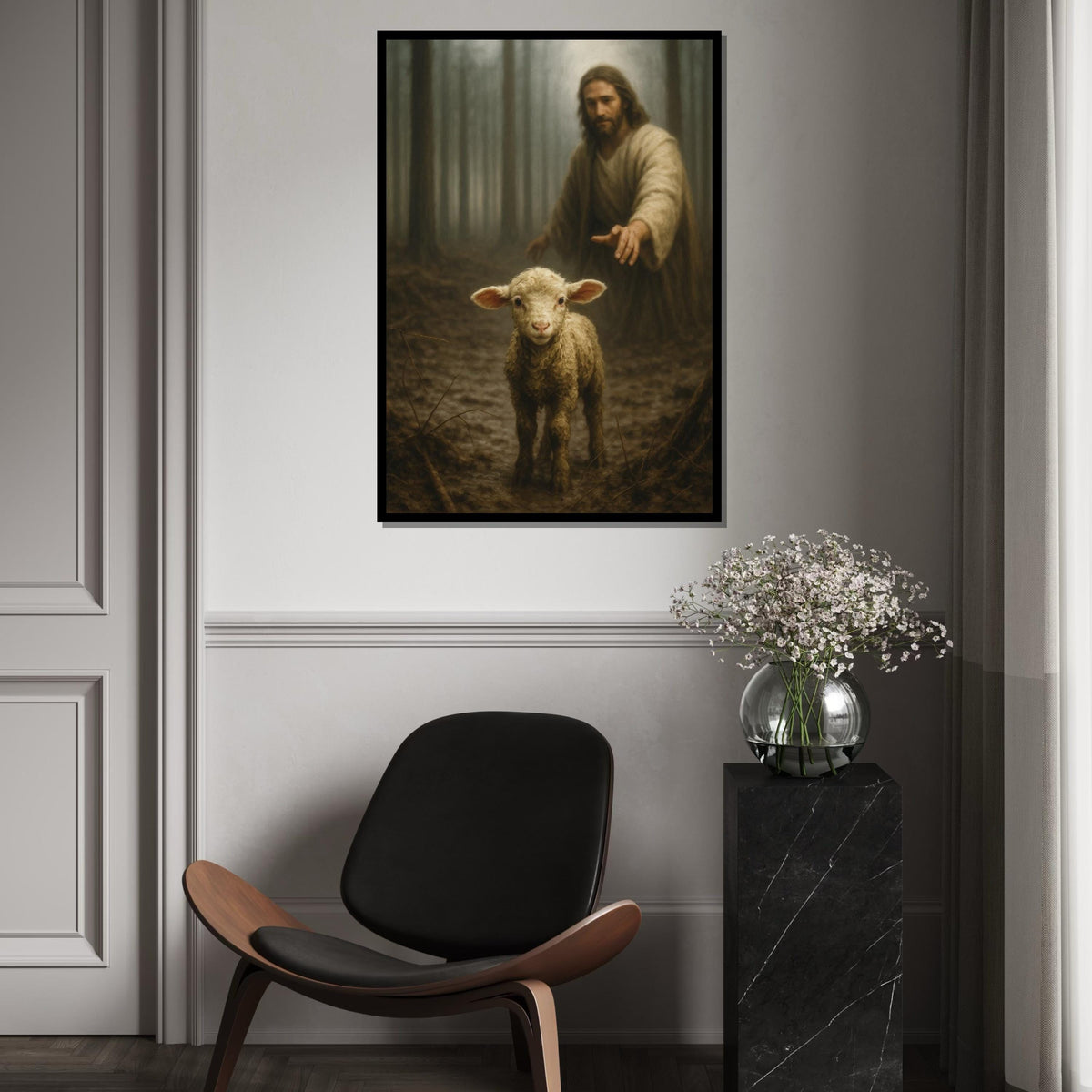 Shepherd and Lamb Canvas, Serene Woodland Art, Spiritual Wall Art, Sheep in Forest, Wall Art Canvas Design, Ready to Hang Decoration