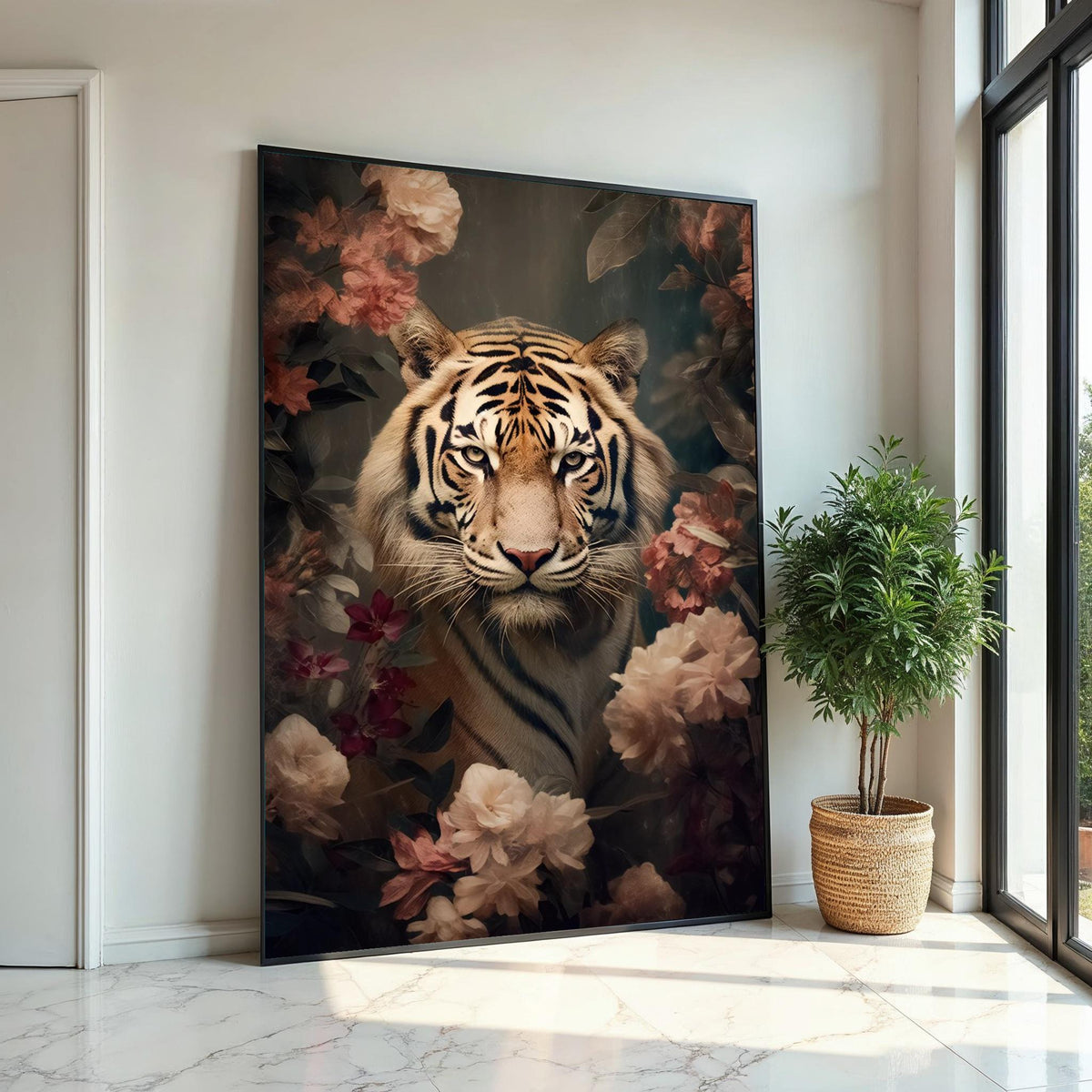 Majestic Floral Tiger Canvas, Animal Wall Art, Regal Tiger in Flowers, Canvas Design, Ready to Hang, NatureInspired Décor Piece