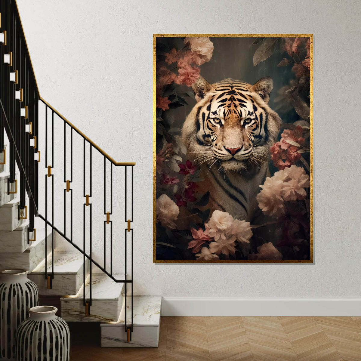 Majestic Floral Tiger Canvas, Animal Wall Art, Regal Tiger in Flowers, Canvas Design, Ready to Hang, NatureInspired Décor Piece