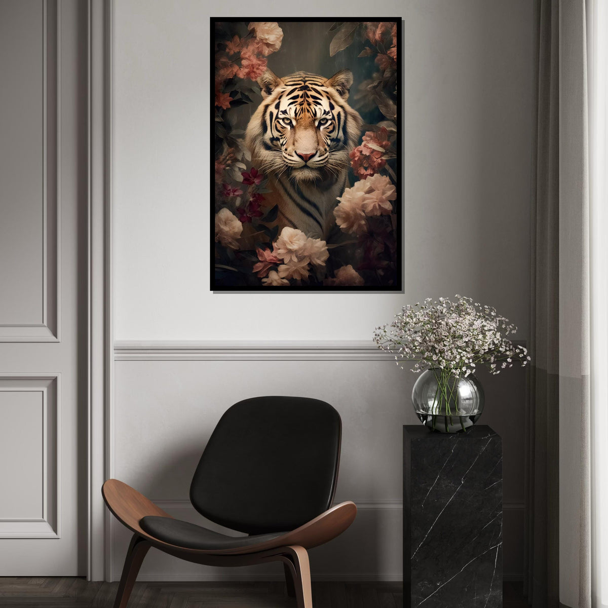 Majestic Floral Tiger Canvas, Animal Wall Art, Regal Tiger in Flowers, Canvas Design, Ready to Hang, NatureInspired Décor Piece