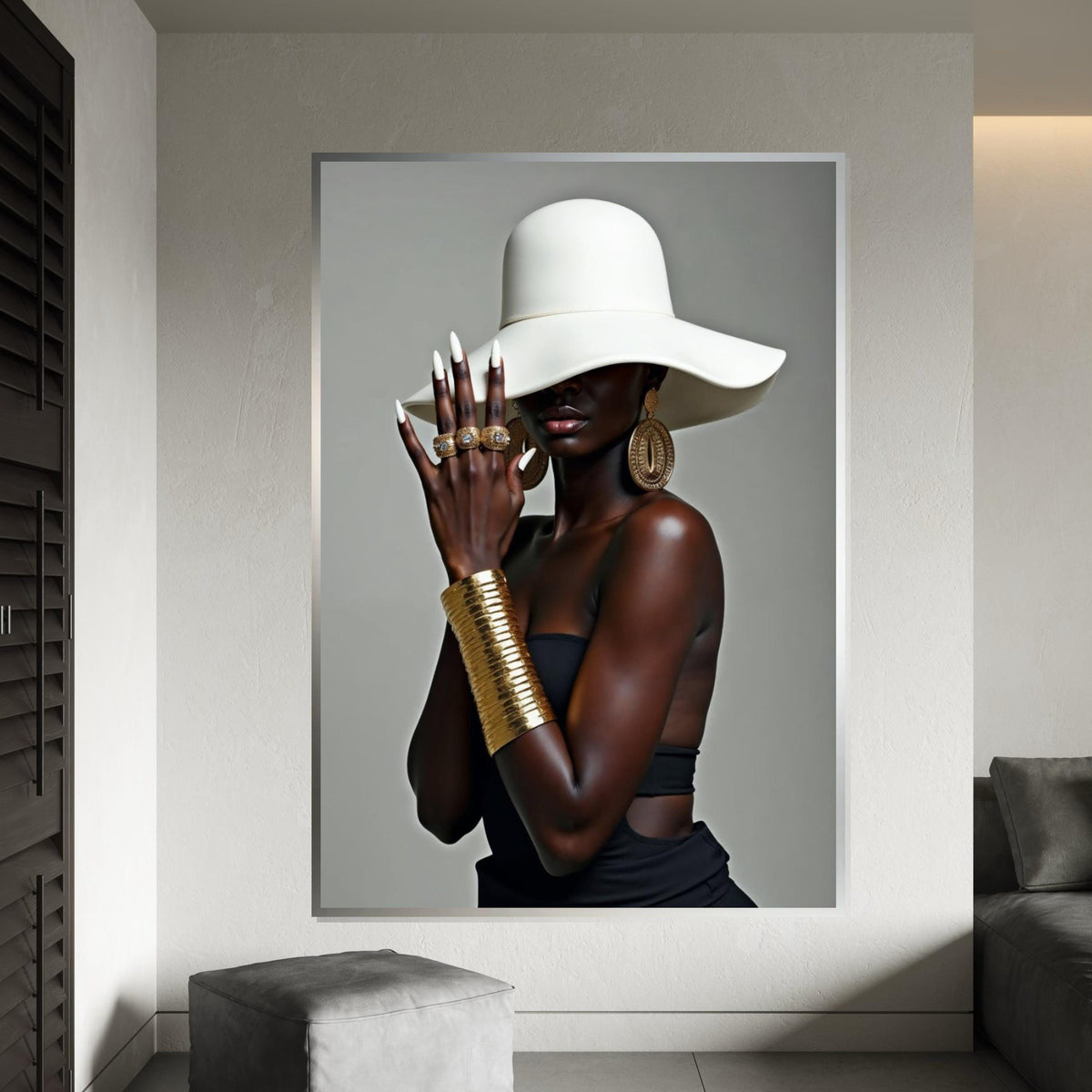 Mysterious Elegance, Fashion Hat, Gold Jewelry Canvas, Stylish Wall Art, Glamorous Portrait Design, Ready to Hang Decoration